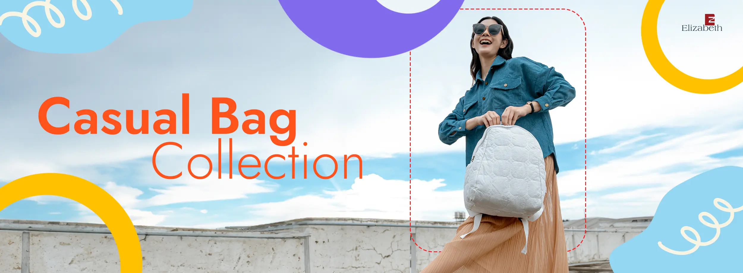 Tas tangan berwarna putih dengan logo Elizabeth. Terdapat tulisan "Casual Bag Collection". tune share more_vert