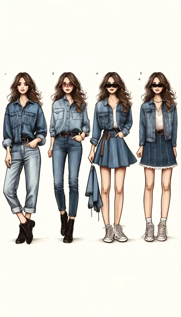 Ilustrasi fashion Elizabeth, seorang wanita dengan denim feminin kasual dengan gaya denim untuk pemotretan pranikah. Pakaian pertama adalah pakaian kasual yang edgy.