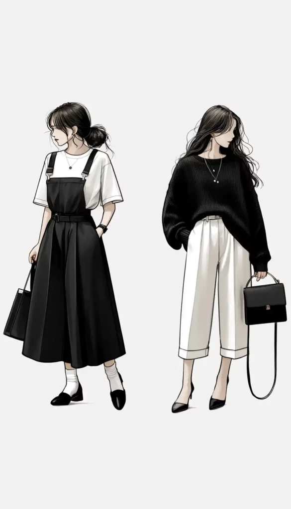 Ilustrasi fashion Elizabeth, seorang wanita dengan dua busana monokrom minimalis untuk pemotretan prewedding. Pakaian kasualnya menampilkan T-shirt putih dikombinasikan dengan overall hotem atau sweater hitam dengan celana putih.