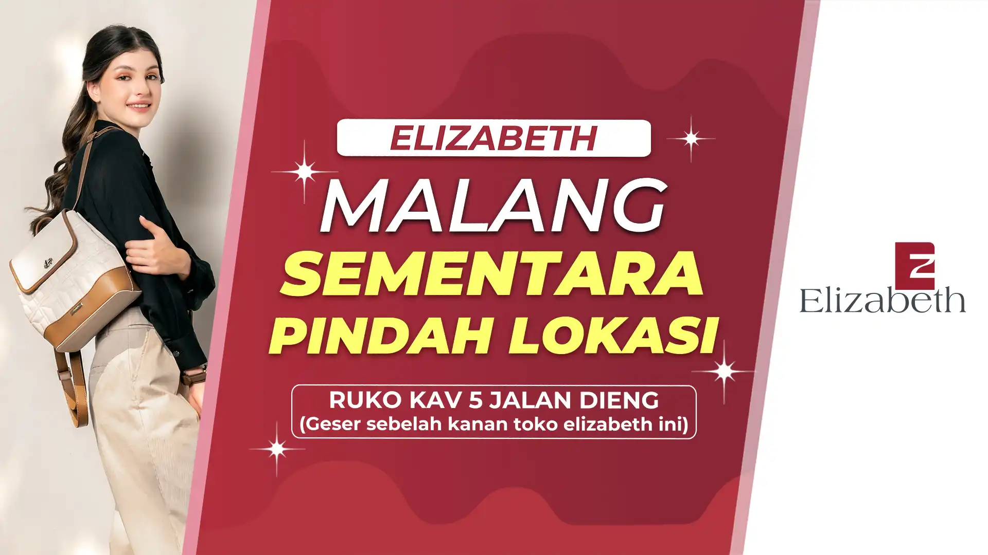 Grafis dengan wanita sebelah kiri menignformasikan bahwa Toko Elizabeth Malang semnatar pindah lokasi