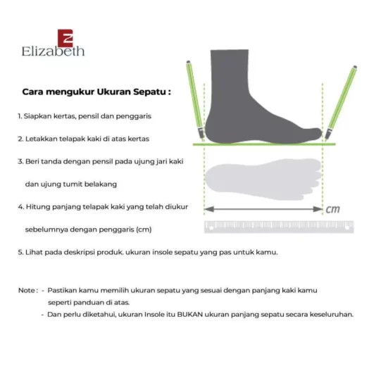 Infografis cara mengukur ukuran sepatu dari Elizabeth. Ilustrasi kaki di atas kertas dengan petunjuk pengukuran panjang kaki menggunakan pensil dan penggaris.